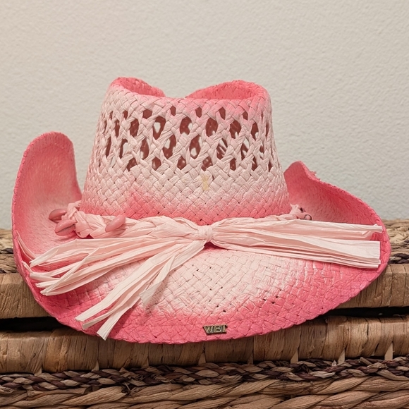 Vintage Coastal Headwear Pink Tea Stain Straw COWBOY HAT WESTERN cowgirl - Picture 3 of 10